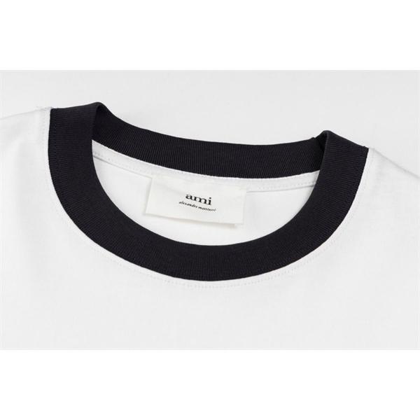 ホワイト リンガーTシャツ AMI PARIS 胸元ロゴ アミパリス コピー ブラックリブ 半袖 クルーネック