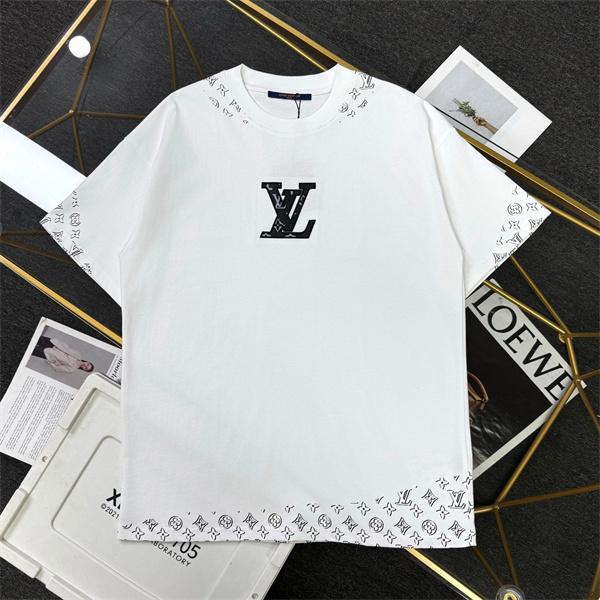 ホワイト 半袖Tシャツ Louis Vuitton センターロゴ ルイヴィトン コピー モノグラム柄LV刺繍風 クルーネック 裾袖ロゴプリント