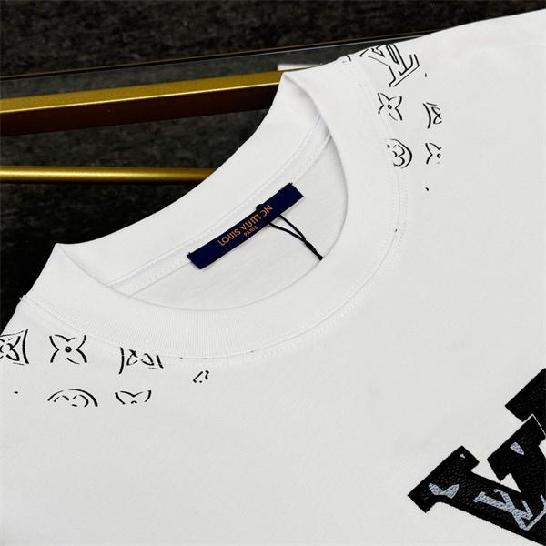 ホワイト 半袖Tシャツ Louis Vuitton センターロゴ ルイヴィトン コピー モノグラム柄LV刺繍風 クルーネック 裾袖ロゴプリント