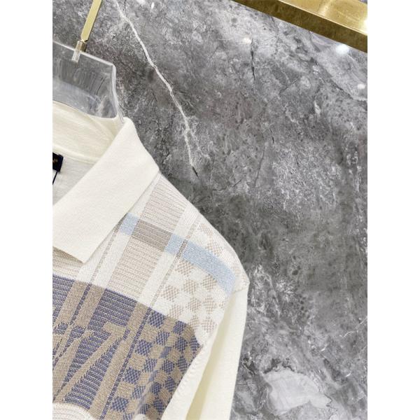 ホワイト 半袖ニットポロ Louis Vuitton チェック切替 ルイヴィトン コピー LVロゴジャカード 襟付き ボタンフロント