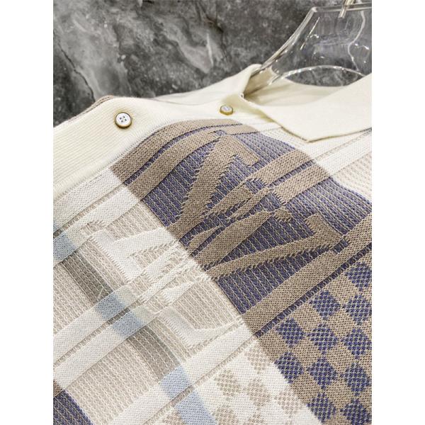 ホワイト 半袖ニットポロ Louis Vuitton チェック切替 ルイヴィトン コピー LVロゴジャカード 襟付き ボタンフロント