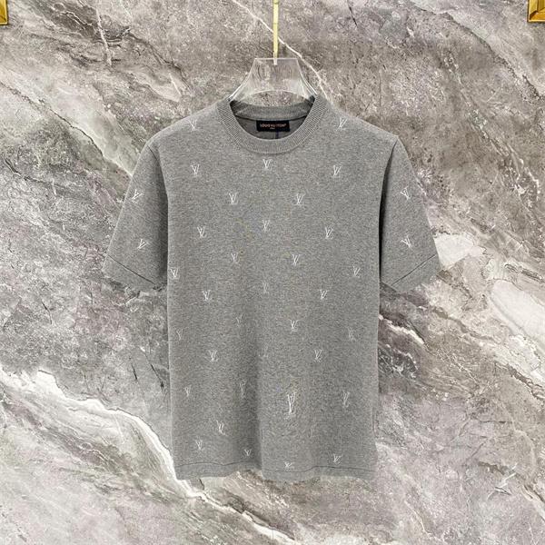 グレー 半袖ニットTシャツ Louis Vuitton LV総柄 ルイヴィトン コピー ワンポイントロゴ クルーネック リブ襟
