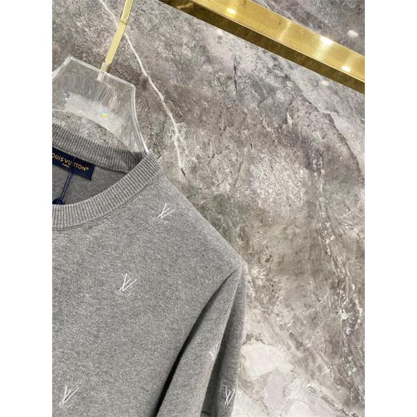グレー 半袖ニットTシャツ Louis Vuitton LV総柄 ルイヴィトン コピー ワンポイントロゴ クルーネック リブ襟