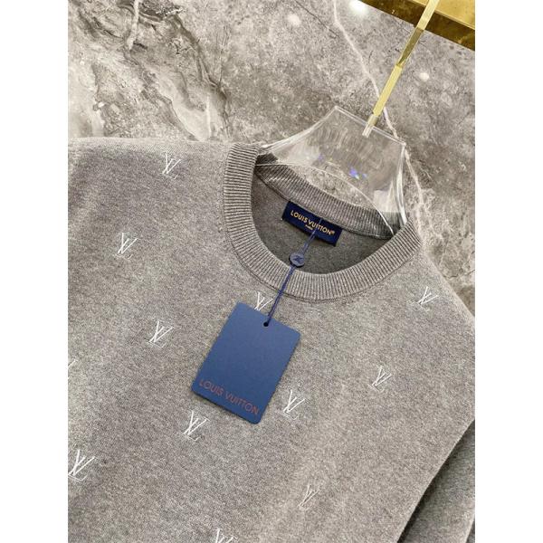 グレー 半袖ニットTシャツ Louis Vuitton LV総柄 ルイヴィトン コピー ワンポイントロゴ クルーネック リブ襟