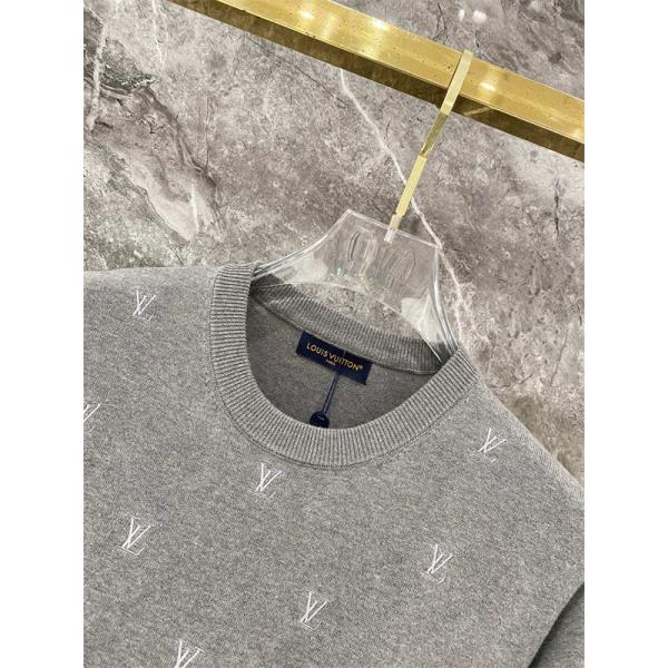 グレー 半袖ニットTシャツ Louis Vuitton LV総柄 ルイヴィトン コピー ワンポイントロゴ クルーネック リブ襟