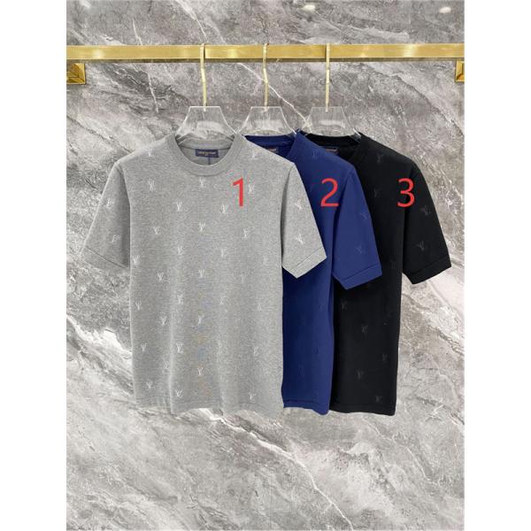 グレー 半袖ニットTシャツ Louis Vuitton LV総柄 ルイヴィトン コピー ワンポイントロゴ クルーネック リブ襟