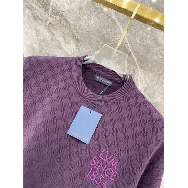 パープル 半袖ニットTシャツ Louis Vuitton ダミエ調編み柄 ルイヴィトン コピー 胸元ロゴ刺繍 クルーネック リブ襟
