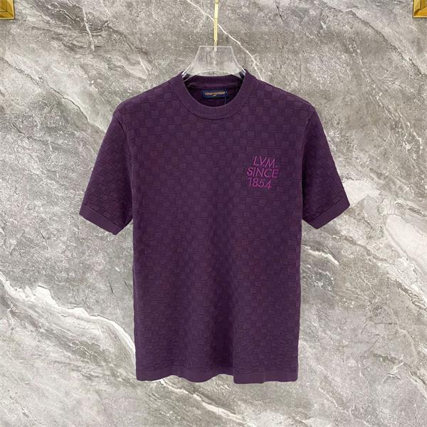 パープル 半袖ニットTシャツ Louis Vuitton ダミエ調編み柄 ルイヴィトン コピー 胸元ロゴ刺繍 クルーネック リブ襟