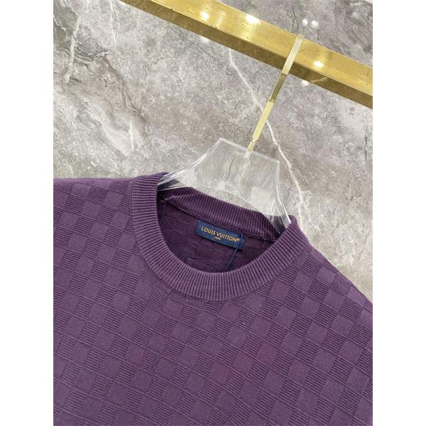パープル 半袖ニットTシャツ Louis Vuitton ダミエ調編み柄 ルイヴィトン コピー 胸元ロゴ刺繍 クルーネック リブ襟