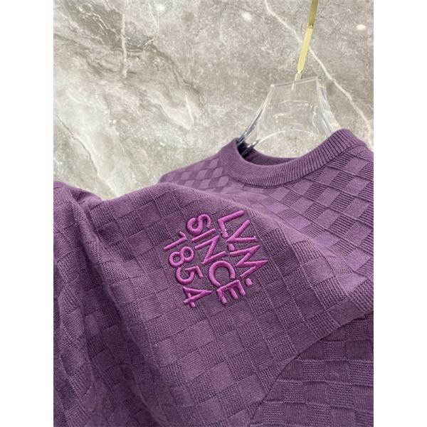 パープル 半袖ニットTシャツ Louis Vuitton ダミエ調編み柄 ルイヴィトン コピー 胸元ロゴ刺繍 クルーネック リブ襟