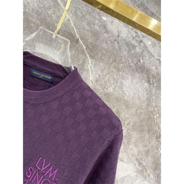 パープル 半袖ニットTシャツ Louis Vuitton ダミエ調編み柄 ルイヴィトン コピー 胸元ロゴ刺繍 クルーネック リブ襟