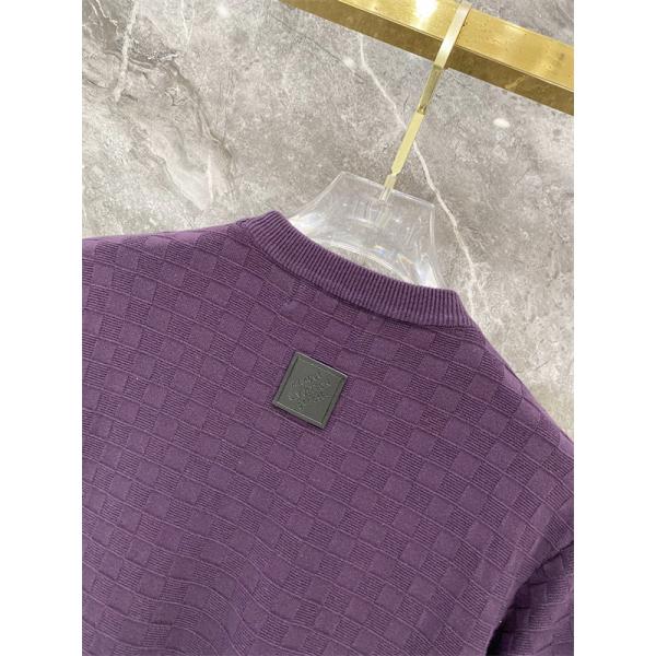 パープル 半袖ニットTシャツ Louis Vuitton ダミエ調編み柄 ルイヴィトン コピー 胸元ロゴ刺繍 クルーネック リブ襟