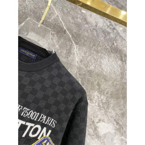 ブラック 半袖ニットTシャツ Louis Vuitton ダミエ調総柄 ルイヴィトン コピー マルチパッチ刺繍 クルーネック ロゴデザイン
