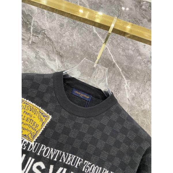 ブラック 半袖ニットTシャツ Louis Vuitton ダミエ調総柄 ルイヴィトン コピー マルチパッチ刺繍 クルーネック ロゴデザイン
