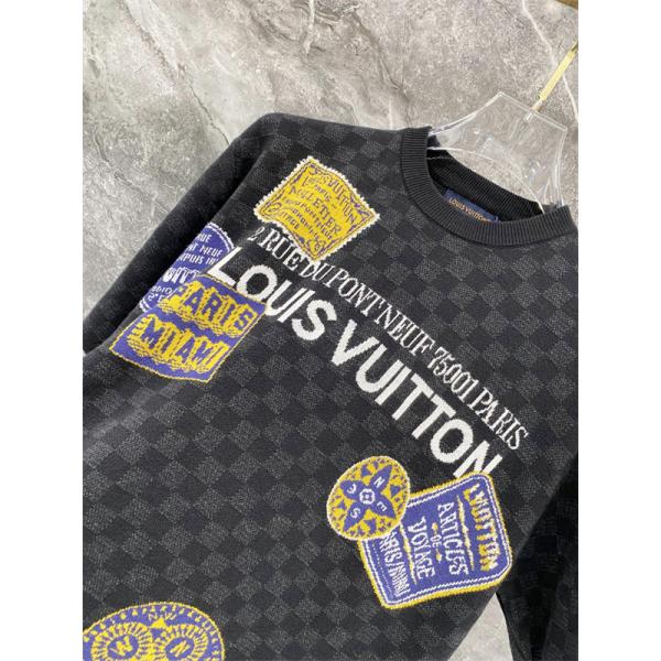 ブラック 半袖ニットTシャツ Louis Vuitton ダミエ調総柄 ルイヴィトン コピー マルチパッチ刺繍 クルーネック ロゴデザイン