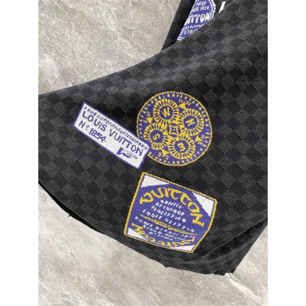 ブラック 半袖ニットTシャツ Louis Vuitton ダミエ調総柄 ルイヴィトン コピー マルチパッチ刺繍 クルーネック ロゴデザイン