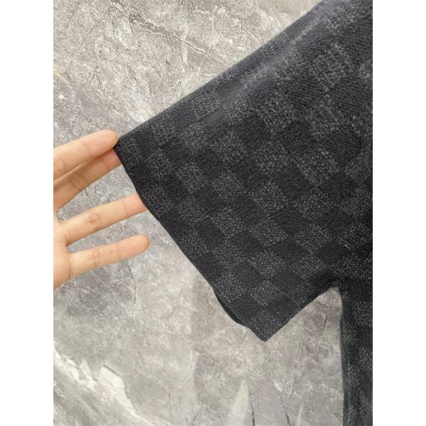 ブラック 半袖ニットTシャツ Louis Vuitton ダミエ調総柄 ルイヴィトン コピー マルチパッチ刺繍 クルーネック ロゴデザイン