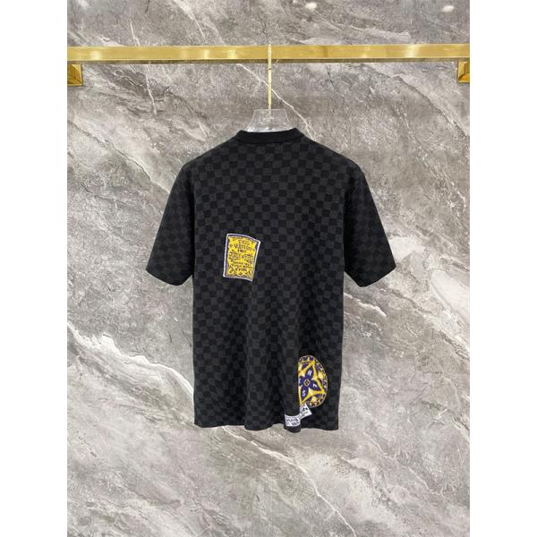 ブラック 半袖ニットTシャツ Louis Vuitton ダミエ調総柄 ルイヴィトン コピー マルチパッチ刺繍 クルーネック ロゴデザイン