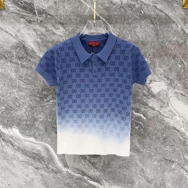  ブルー 半袖ニットポロ GUCCI GG総柄 グッチ コピー グラデーション切替 襟付き ボタンネック リブ袖