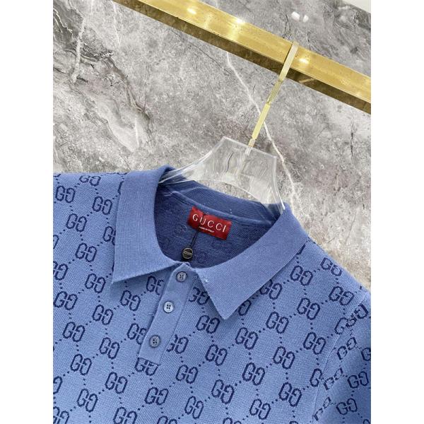 ブルー 半袖ニットポロ GUCCI GG総柄 グッチ コピー グラデーション切替 襟付き ボタンネック リブ袖