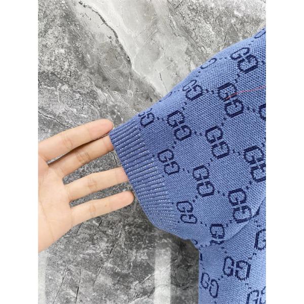 ブルー 半袖ニットポロ GUCCI GG総柄 グッチ コピー グラデーション切替 襟付き ボタンネック リブ袖