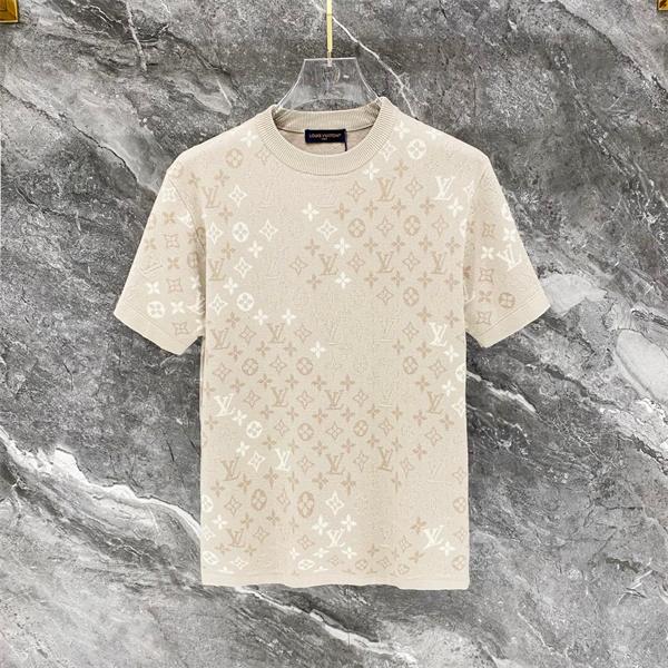 ベージュ 半袖ニットTシャツ Louis Vuitton モノグラム総柄 ルイヴィトン コピー 同色ロゴ編み クルーネック リブ襟