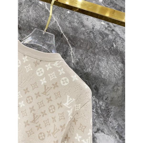 ベージュ 半袖ニットTシャツ Louis Vuitton モノグラム総柄 ルイヴィトン コピー 同色ロゴ編み クルーネック リブ襟