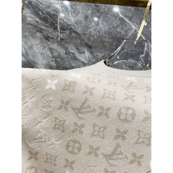 ベージュ 半袖ニットTシャツ Louis Vuitton モノグラム総柄 ルイヴィトン コピー 同色ロゴ編み クルーネック リブ襟