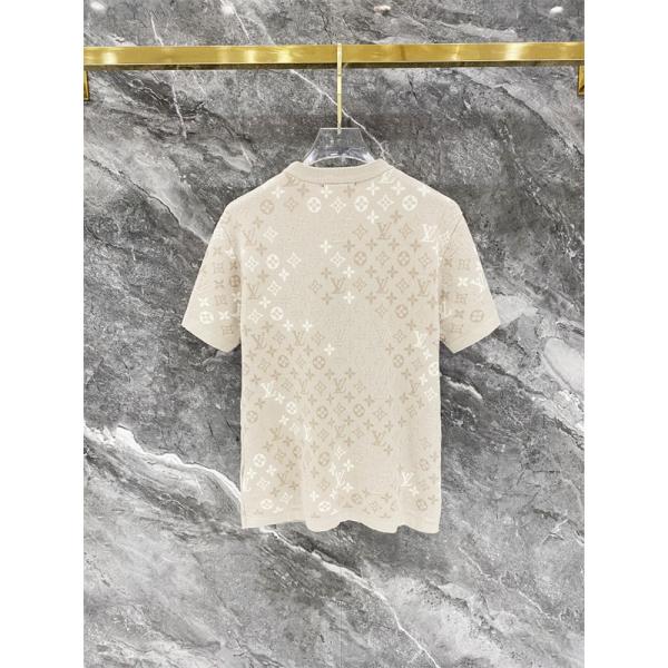 ベージュ 半袖ニットTシャツ Louis Vuitton モノグラム総柄 ルイヴィトン コピー 同色ロゴ編み クルーネック リブ襟