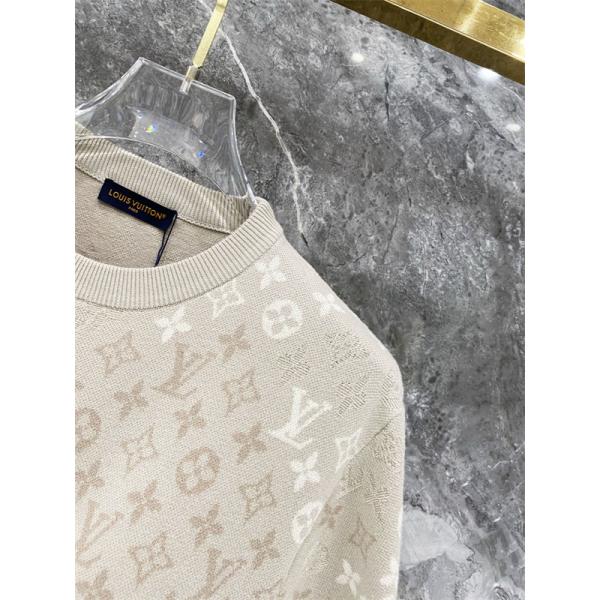 ベージュ 半袖ニットTシャツ Louis Vuitton モノグラム総柄 ルイヴィトン コピー 同色ロゴ編み クルーネック リブ襟