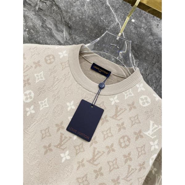 ベージュ 半袖ニットTシャツ Louis Vuitton モノグラム総柄 ルイヴィトン コピー 同色ロゴ編み クルーネック リブ襟