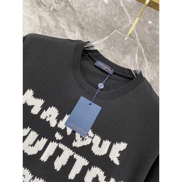 ライトブルー 半袖Tシャツ Louis Vuitton フロント英字ロゴ ルイヴィトン コピー ふわふわ文字プリント クルーネック