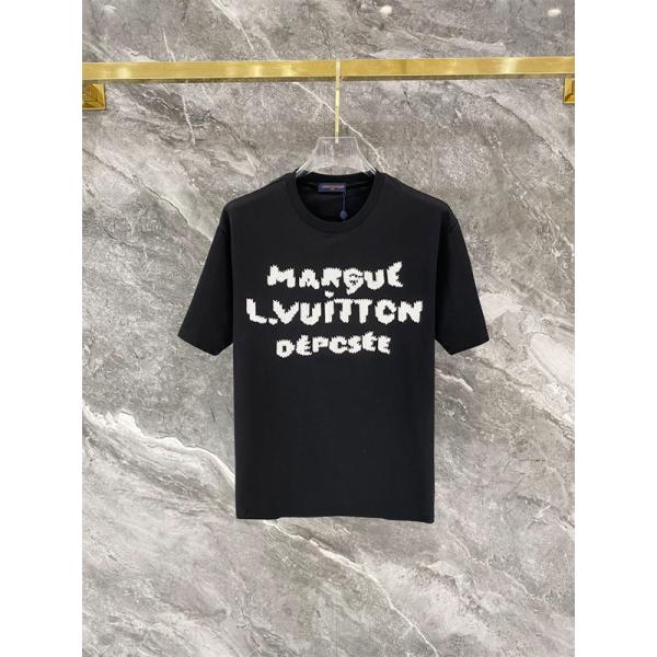 ライトブルー 半袖Tシャツ Louis Vuitton フロント英字ロゴ ルイヴィトン コピー ふわふわ文字プリント クルーネック