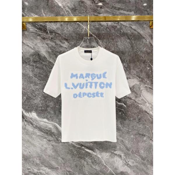 ライトブルー 半袖Tシャツ Louis Vuitton フロント英字ロゴ ルイヴィトン コピー ふわふわ文字プリント クルーネック