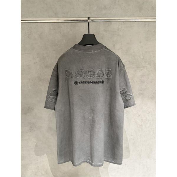  ウォッシュグレー 半袖Tシャツ Chrome Hearts 胸元ロゴプリント クロムハーツ コピー ヴィンテージ加工 クルーネック