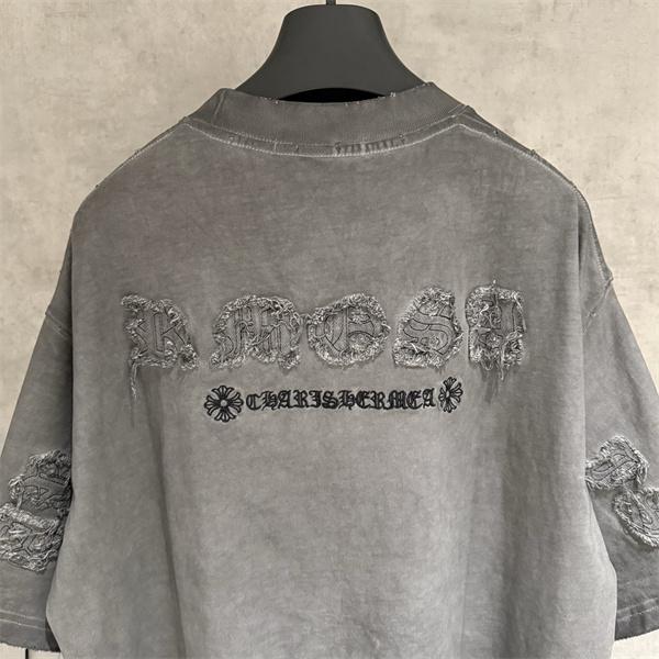  ウォッシュグレー 半袖Tシャツ Chrome Hearts 胸元ロゴプリント クロムハーツ コピー ヴィンテージ加工 クルーネック
