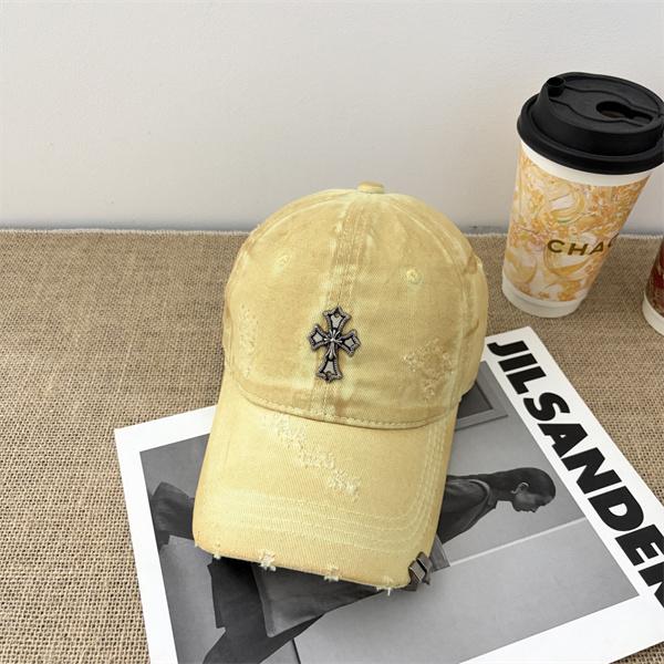 イエロー ダメージキャップ Chrome Hearts クロムハーツ コピー クロス刺繍 ベースボールキャップ カーブブリム ヴィンテージ加工