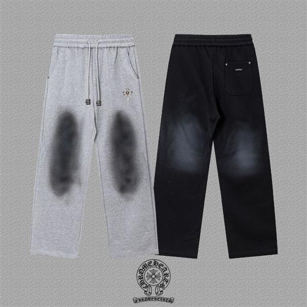  グレー スウェットパンツ Chrome Hearts クロムハーツ コピー クロスロゴ 膝ウォッシュ加工 ドローコード付き イージーパンツ