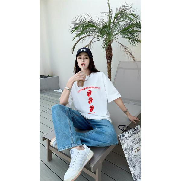  ミントグリーン Tシャツ Chrome Hearts リップロゴ クロムハーツ コピー 半袖 丸首 レッドグラフィック カジュアルトップス