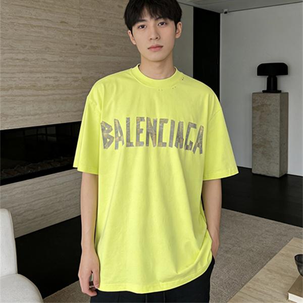 ライムイエロー 半袖Tシャツ BALENCIAGA ビッグロゴプリント バレンシアガ コピー オーバーサイズ クルーネック メンズカジュアル
