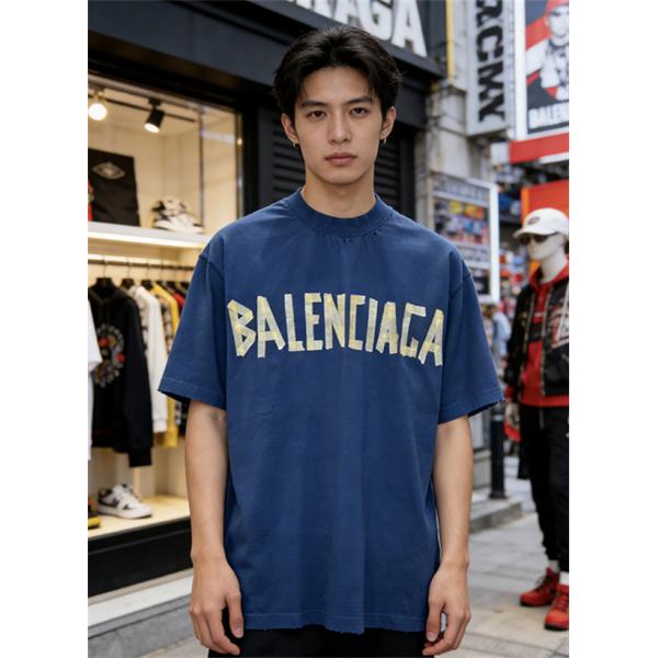 ライムイエロー 半袖Tシャツ BALENCIAGA ビッグロゴプリント バレンシアガ コピー オーバーサイズ クルーネック メンズカジュアル