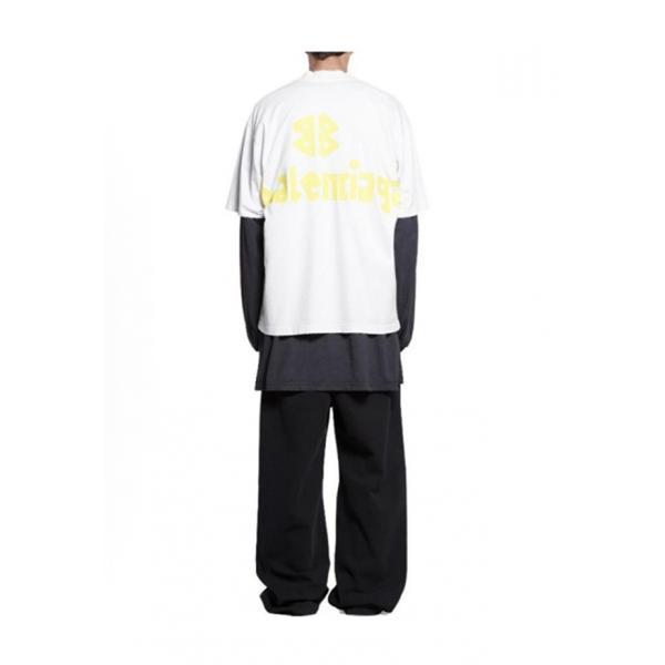 ライムイエロー 半袖Tシャツ BALENCIAGA ビッグロゴプリント バレンシアガ コピー オーバーサイズ クルーネック メンズカジュアル