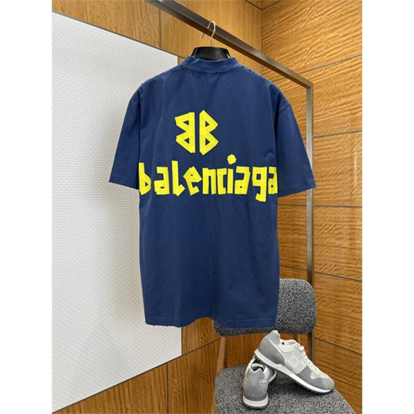 ライムイエロー 半袖Tシャツ BALENCIAGA ビッグロゴプリント バレンシアガ コピー オーバーサイズ クルーネック メンズカジュアル