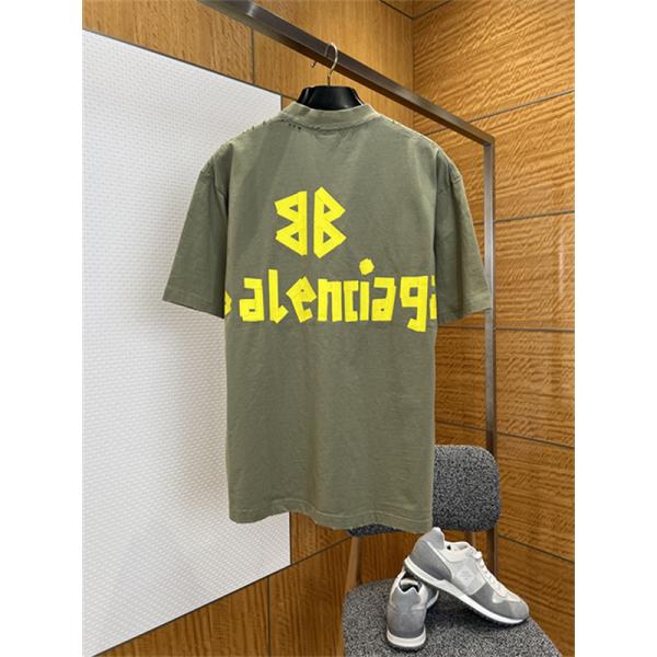 ライムイエロー 半袖Tシャツ BALENCIAGA ビッグロゴプリント バレンシアガ コピー オーバーサイズ クルーネック メンズカジュアル