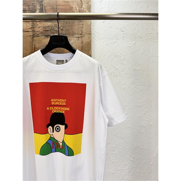 ホワイト 半袖Tシャツ Dior アートグラフィックプリント ディオール コピー カラーブロック クルーネック メンズカジュアル
