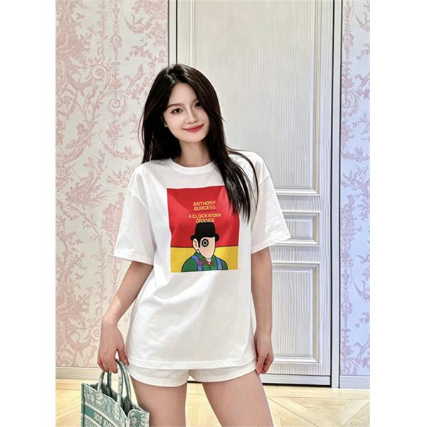 ホワイト 半袖Tシャツ Dior アートグラフィックプリント ディオール コピー カラーブロック クルーネック メンズカジュアル