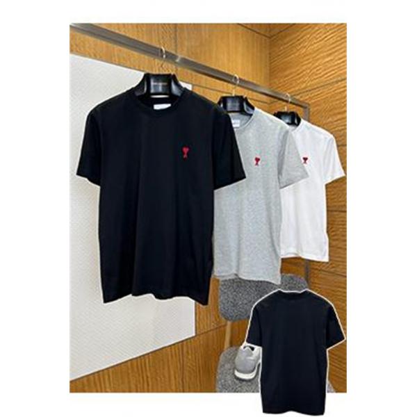 ブラック 半袖Tシャツ AMI Paris アミ パリス コピー 胸元レッドハートロゴ クルーネック 無地調 メンズカジュアルトップス