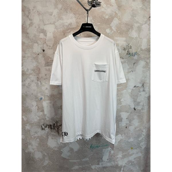  ホワイト 半袖Tシャツ Chrome Hearts クロムハーツ コピー 胸ポケットロゴ 裾グラフィック クルーネック ゆったりシルエット