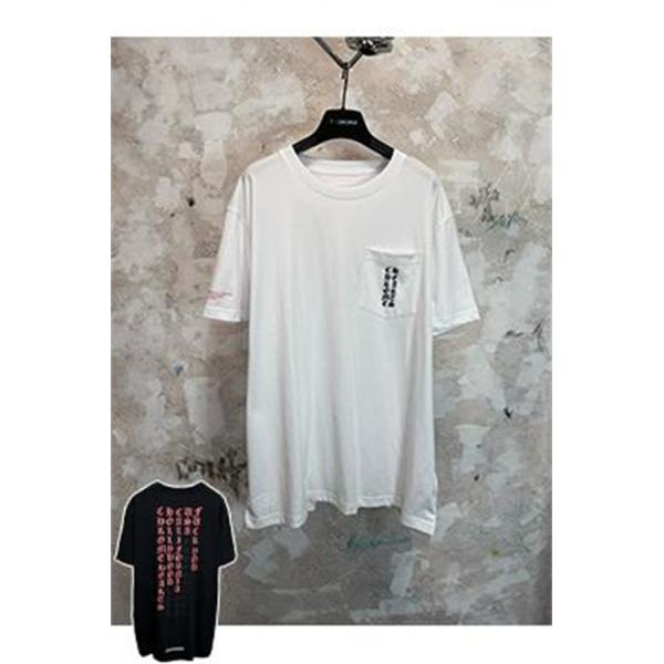  ブラック 半袖Tシャツ Chrome Hearts クロムハーツ コピー 胸ポケットロゴ バック英字プリント ゴシック文字 クルーネック