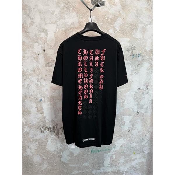  ブラック 半袖Tシャツ Chrome Hearts クロムハーツ コピー 胸ポケットロゴ バック英字プリント ゴシック文字 クルーネック